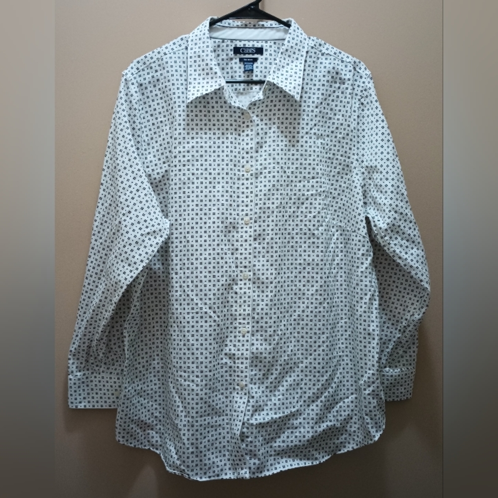 CHAPS NO IRON WHITE BLACK GEO BUTTON DOWN DRESS SHIRT EUC SZ 2X 22 24